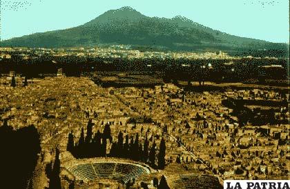 Gráfica de lo que fue la ciudad de Pompeya, al fondo el volcán Vesubio