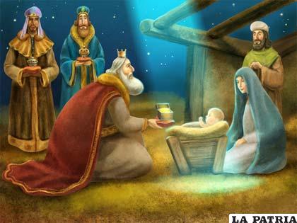Los Magos en su visita al niño Jesús rindiéndole homenaje