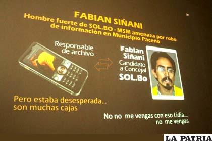 Proyección de la denuncia en contra de Fabián Siñani