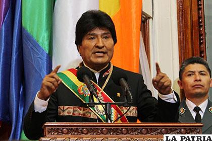 El Presidente Evo Morales durante su discurso en la ALP