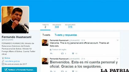 El canciller Fernando Huanacuni está en la red social Twitter /Captura de pantalla