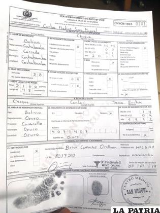 El certificado de nacido vivo emitido en Cochabamba /LA PATRIA