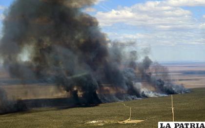El humo se eleva de un campo en llamas en medio de altas temperaturas y fuertes vientos entre Puerto Madryn y Puerto Pirámides en la Patagonia Argentina /AP Foto /Maxi Jonas