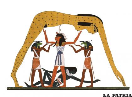 Shu, dios del aire, intenta separar a la diosa del cielo Nut y al dios de la tierra Geb 
/ ART ARCHIVE
