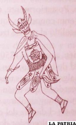 Danza de los Mineros (Diablos); la máscara recibe la ornamentación de cuernos y colmillos en la boca; el pañuelo de la thinka se convierte en pañolón y la cintura se ciñe con una faja de monedas