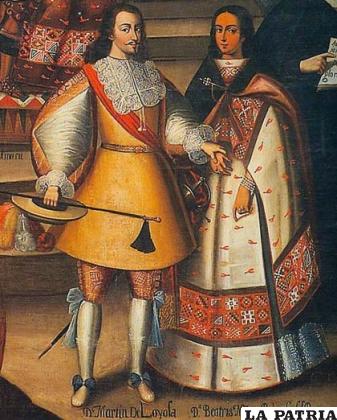 El sobrino de San Ignacio de Loyola, Martín de Loyola, se casó con la ñusta Beatriz Clara Coya, sobrina de Túpac Amaru. (La mujer no lleva velo alguno)