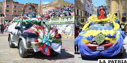 Los cargamentos de la Morenada Zona Norte (izq.) y de la Morenada Central Oruro fundada por la Comunidad Cocani (der.)
