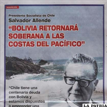 Detalle de una página en el diario chileno El Mercurio en el que sostiene que Allende habría dicho en 1970 que Bolivia retornará al mar
