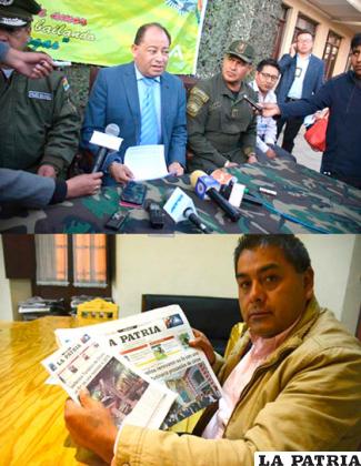 En la fotografía de arriba se observa la conferencia de prensa de ayer, en la que participó el ministro de Gobierno, Carlos Romero. En la imagen inferior, está el ex diputado, Ever Moya, cuestionado por la autoridad gubernamental como 