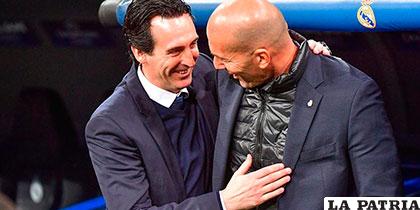 Emery junto a Zidane, luego del triunfo del Real Madrid al PSG 
(3-1) en partido de ida de la Champions League