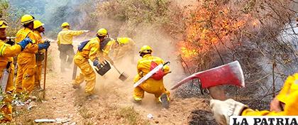 Los bomberos tratan de apagar las llamas, que va consumiendo la vegetación en Guatemala/ dca.gob.gt