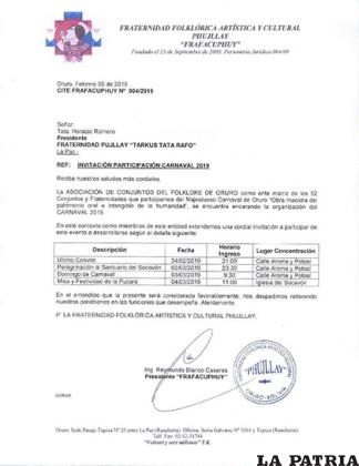 El documento que fue emitido para invitar a instituciones similares que participan en el Carnaval de Oruro /LA PATRIA