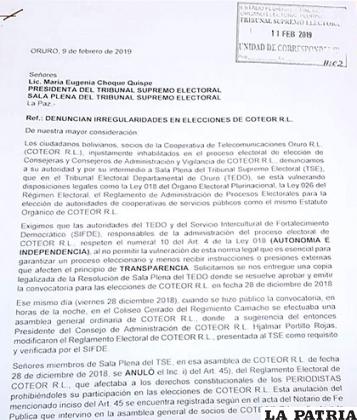 Denuncia presentada al TSE sobre irregularidades en las elecciones de COTEOR / LA PATRIA