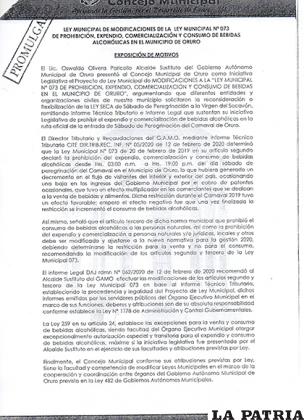 El documento de la ley que restringe la venta de bebidas alcohólicas durante el Carnaval /LA PATRIA
