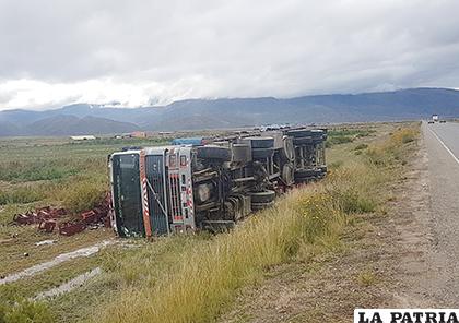 Camión con cargamento de cerveza a un costado de la carretera, tras sufrir accidente /LA PATRIA
