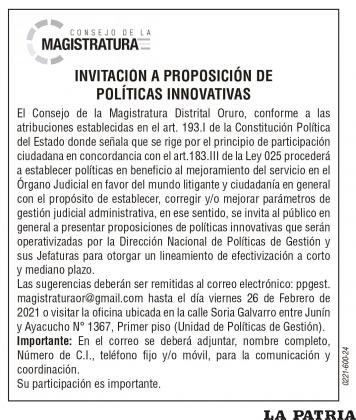 INVITACIÓN A PROPOSICIÓN DE POLÍTICAS INNOVATIVAS