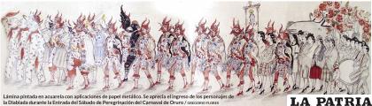 Lámina pintada en acuarela con aplicaciones de papel metálico. Se aprecia el ingreso de los personajes de la Diablada durante la Entrada del Sábado de Peregrinación del Carnaval de Oruro / GREGORIO FLORES