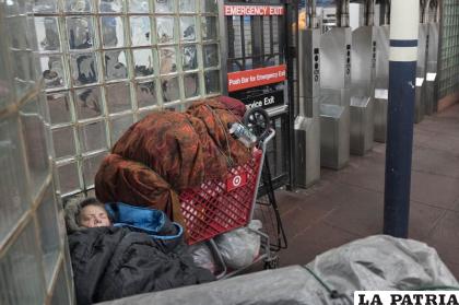 Una persona sin hogar duerme debajo de mantas junto a un carrito de compras en una estación del metro de Nueva York  /Foto AP/Mark Lennihan, Archivo