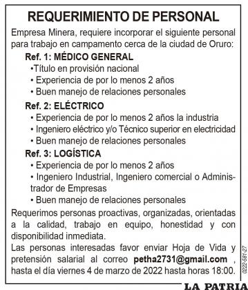 Empresa Minera, requiere incorporar el siguiente personal para trabajo en campamento cerca de la ciudad de Oruro