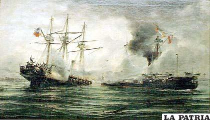 Alegoría de un combate naval entre naves de Perú y Chile durante la Guerra del Pacífico
