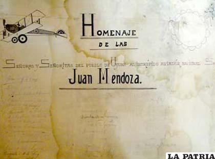 Documento histórico que testifica el aprecio de los uyunenses hacia el héroe Juan Mendoza