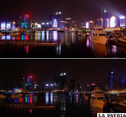 Antes y despues, de que se hayan apagado las luces del puerto chino de Qingdao, durante la Hora del Planeta