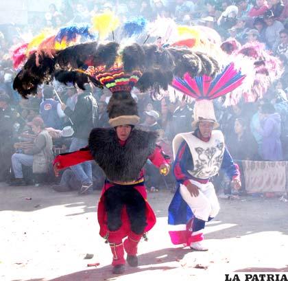 SURI CON KAWA: Este personaje representa a los que interpretan el sicu o zampoña, se atavía con ropas confeccionadas en bayeta de la tierra y se corona simbólicamente con un sombrero cónico con plumas de suri (avestruz), llamado “chuco” (defección de chuqui o bambú). Ejecuta en su danza saltos lentos y ceremoniales representando al avestruz.
Lleva un sombrero o suri de lana de oveja, en el que se sujetan los radios de chuqui (t’isi o cañahueca) que sirve como base a un tejido de plumas, de avestruz, en diferentes colores que rematan en la punta de estos radios, sus dimensiones varían entre hombres y mujeres, este personaje lleva uno de un diámetro de 1,60 metros.
Viste una camisa de bayeta de la tierra de manga larga, además tiene una coraza rígida y curva elaborada de cartón u hojalata forrada con tela de aguayo formando franjas delgadas con diversas figuras, los bordes decorados con pompones o borlas de lana de color originalmente esta coraza se elaboraba con la piel de tigre o puma y se la llama kawa, actualmente la forran con tela polar de diferentes colores.
Además del pantalón de bayeta lleva un faldón de la misma tela con que se forra la kawa, se sujeta en la cintura y cuelga hacia atrás, a la altura de la pantorrilla, y también tiene una faja alrededor de la cintura, calza zapatillas de tela de color negro y lleva unas polainas del color de la camisa.