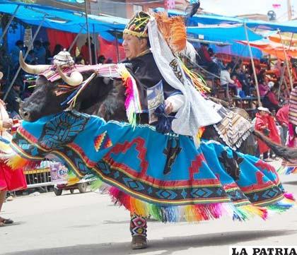 TORITO: Este personaje calza un fuste de cuero crudo que representa al animal (toro de lidia) satirizando la faena española de la corrida, dando origen a la danza de los Waca Waca.
Utiliza un sombrero hecho de lana de oveja, adornado con un turbante con la imagen de la cabeza de un toro, adornado con borlas multicolores y plumas pequeñas con los colores de la tricolor boliviana (rojo, amarillo y verde). De la parte alta del turbante hasta la cintura cae una tela delgada y transparente.
Además tiene un velo, también de tela delgada y transparente que cubre el rostro del danzarín.
Luce una camisa y un poncho largo tejido con detalles que forman figuras tiahuanacotas.
En la cintura lleva un fuste hecho de cuero crudo de res, el cual tiene un orificio en el centro, donde se acomodará el danzarín; en la parte baja lleva un volado ancho de tela de bayeta de la tierra bordado con kantutas y figuras tiahuanacotas con colores vivos y cabezas de toro, esta se adorna con borlas de colores.
El danzarín lleva pantalón oscuro y zapatos de cuero.