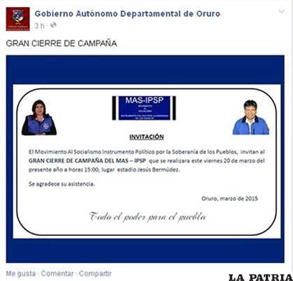 Invitación masista publicada en el “muro” virtual de la Gobernación