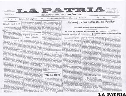 Recorte de LA PATRIA del 27 de mayo de 1919