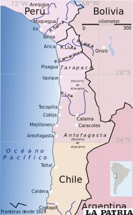Esquema de los territorios bolivianos, chilenos y peruanos antes de la guerra