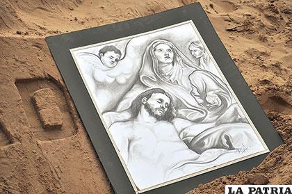 Pintura que fue plasmada como una escultura de arena