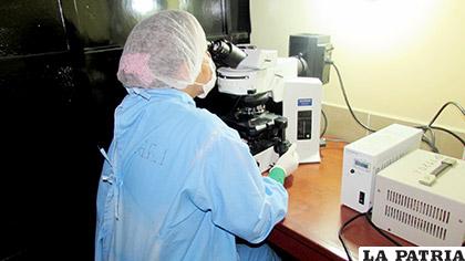 Doctora Miriam Barrientos en el microscopio de inmunofluorescencia