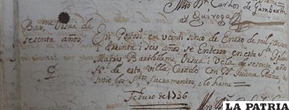 Partida de entierro en la que se ve el nombre como Bartolomé Orsua y Vela