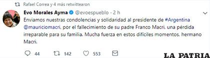 La condolencia que hizo pública Morales en su cuenta de Twitter