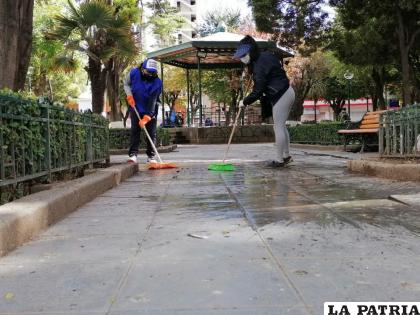 Integrantes del MAS cumplieron una jornada de limpieza en la plaza principal /LA PATRIA