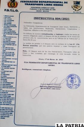 Instructiva oficial del bloqueo de transporte libre