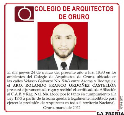 ARQ. ROLANDO FRANCO ORDOÑEZ CASTELLÓN 