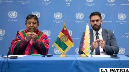 El ministro de Gobierno, Eduardo del Castillo, y el vicepresidente David Choquehuanca en el foro de la ONU /VICEPRESIDENCIA