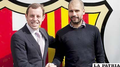 El presidente del Barça, Sandro Rosell con el entrenador Pep Guardiola