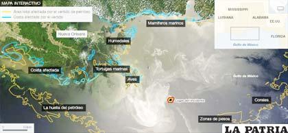 Mapa de los efectos del derrame de petróleo en el Golfo de México