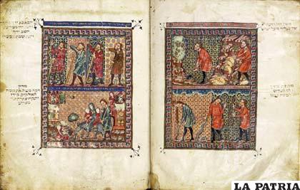 El manuscrito está iluminado con episodios bíblicos relacionados con el éxodo del pueblo judío 