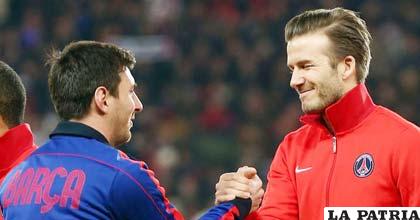 Lionel Messi y David Beckham en un saludo de amistad