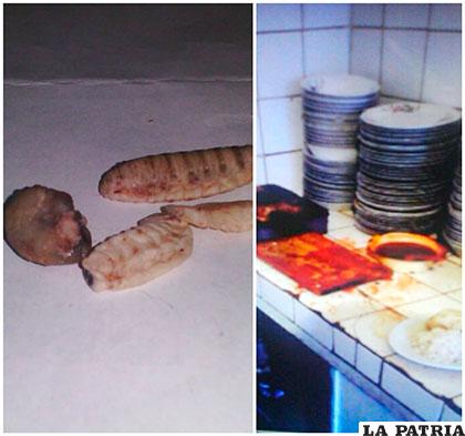 Gusanos encontrados en el caldo (izq)  falta de higiene del local clausurado (der) /Defensa al consumidor 