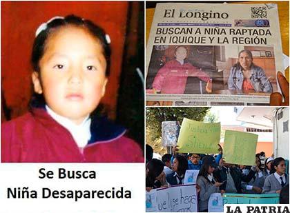 A la izquierda la última foto que le tomaron a Sheyla. A la derecha, la prensa chilena también hizo eco de su desaparición. Abajo, ya se hicieron algunas movilizaciones pidiendo justicia