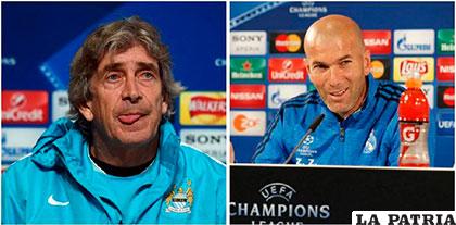 Manuel Pellegrini, D.T. del Manchester City, y Zinedine Zidane, D.T. del Real Madrid