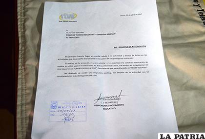 La carta de autorización que presentaba el supuesto funcionario de la UTO
