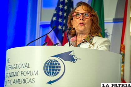 La secretaría general Iberoamericana (Segib), Rebeca Grynspan, habla durante la apertura del VIII Foro Estratégico Mundial en Miami, Florida /EFE