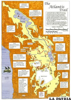 Mapa Atlantis Trail - propuesta de ruta turística en el altiplano boliviano, que tiene como temática principal la teoría de la Atlántida en los Andes