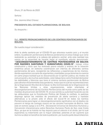 La carta que enviaron a la Presidente Jeanine Áñez /LA PATRIA